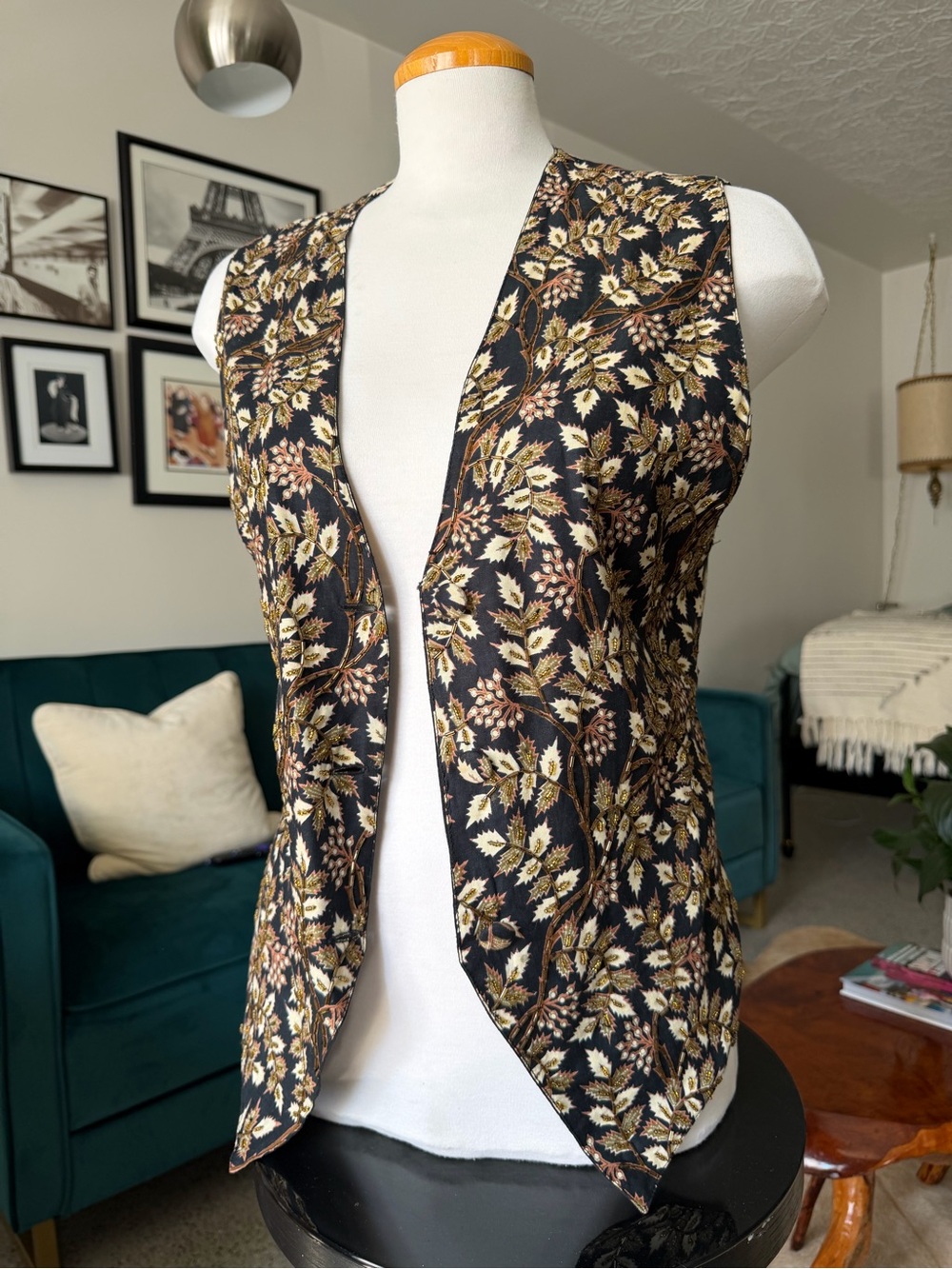 Sleeveless Floral Vest in Black & Gold embroidery
